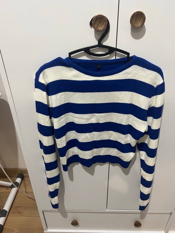 Mavi Beyaz Çizgili Kadın Triko Kazak - Görsel 3