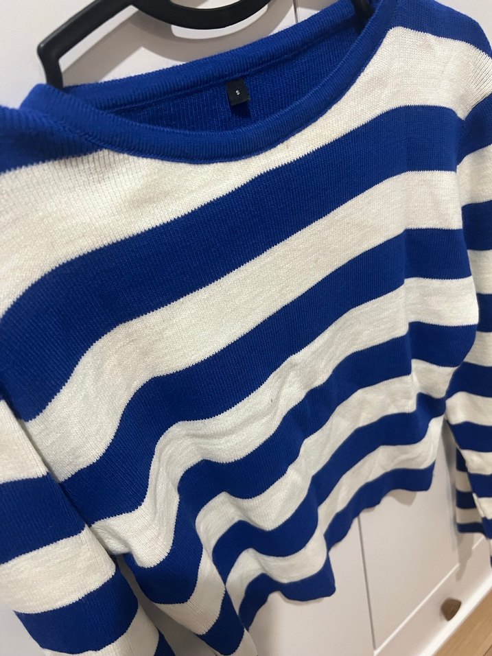 Mavi Beyaz Çizgili Kadın Triko Kazak - Görsel 2