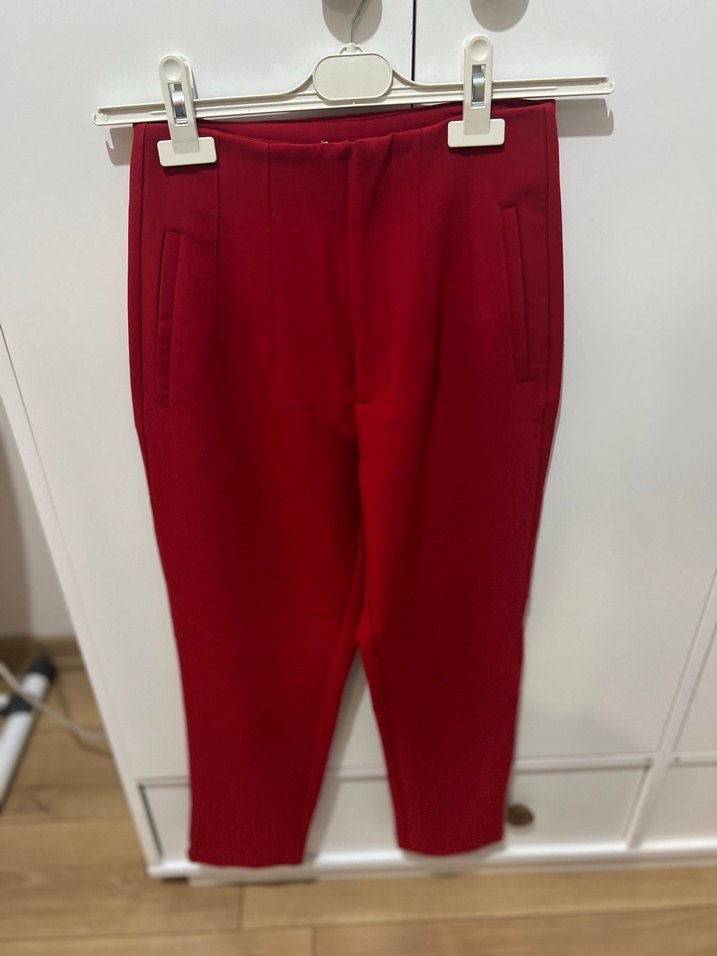 Kırmızı Fermuarlı Kadın Kumaş Pantolon - Görsel 4