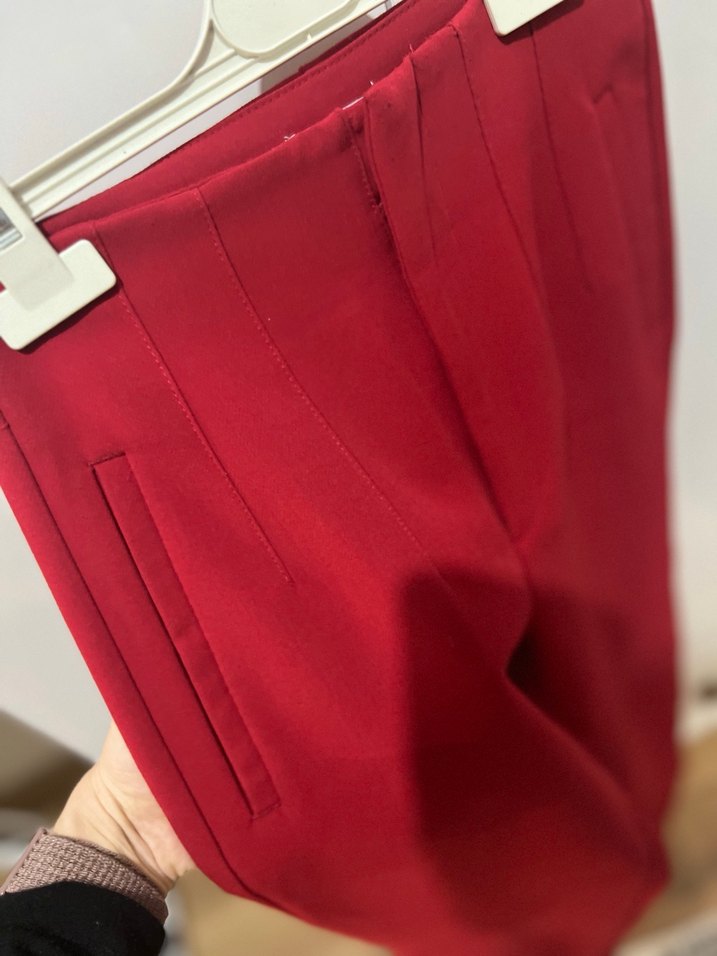 Kırmızı Fermuarlı Kadın Kumaş Pantolon - Görsel 3