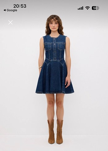 Koyu Lacivert Kemer Detaylı Denim Midi Elbise - Görsel 2