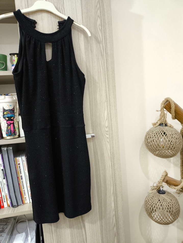 Siyah Midi V Yakalı Drapeli Abiye Elbise - Görsel 3