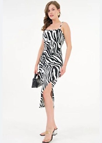 Zebra Desenli Uzun İnce yandan drape detay Askılı Elbise