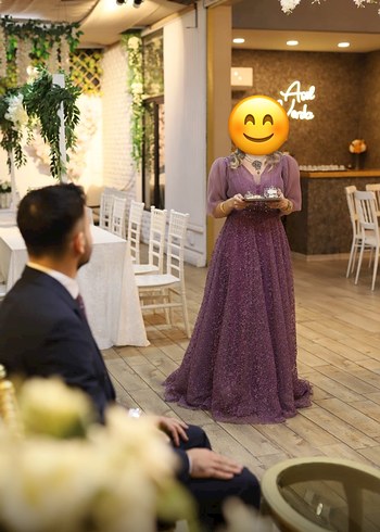 Mor V Yaka Uzun Abiye Elbise - Görsel 2