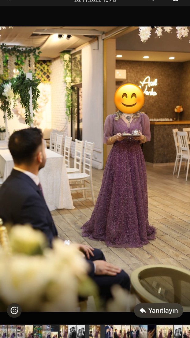 Mor V Yaka Uzun Abiye Elbise - Görsel 2