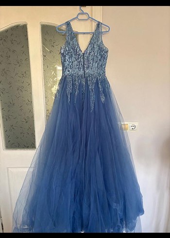 Uzun Mavi İşlemeli V Yakalı Abiye Elbise - Görsel 2