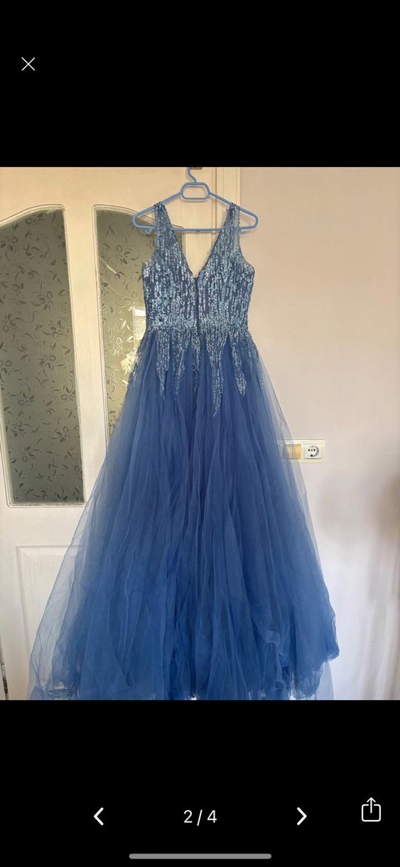 Uzun Mavi İşlemeli V Yakalı Abiye Elbise - Görsel 2