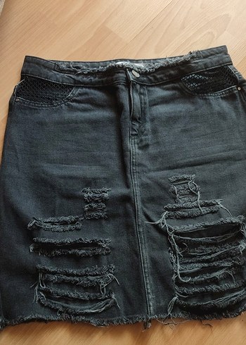 Siyah Yırtık Denim Midi Etek