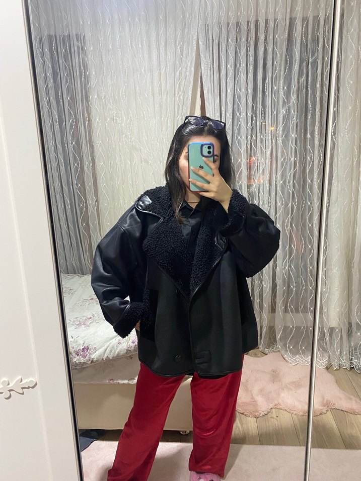Siyah Kürklü Deri Kadın Ceket - Görsel 5