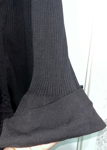 siyah fitilli büzgü detaylı ince triko elbise - Görsel 4