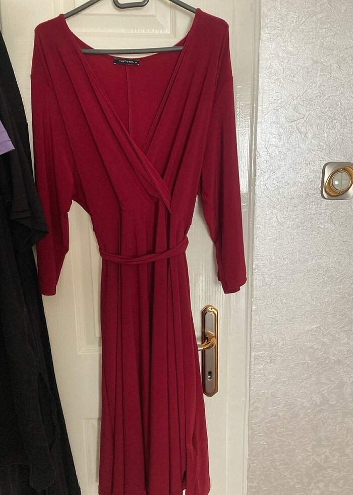 Trendyol Bordo Kruvaze Yaka Elbise - Görsel 2