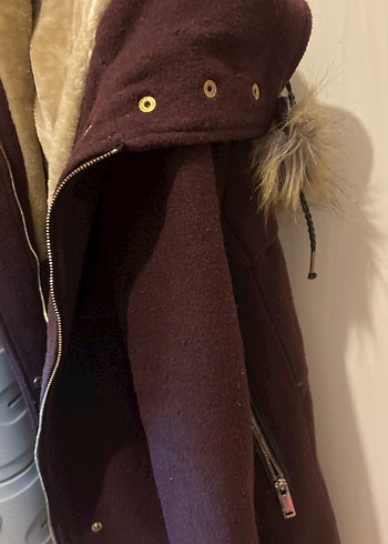 Bordo Kürklü Kadın Midi Ceket - Görsel 5
