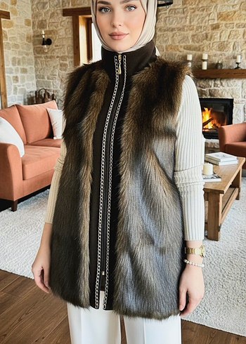 Kürk Detaylı Uzun Kahverengi Kadın Yelek - Görsel 2