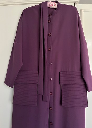 Düğmeli Mor Kadın Uzun Pardesü - Görsel 3
