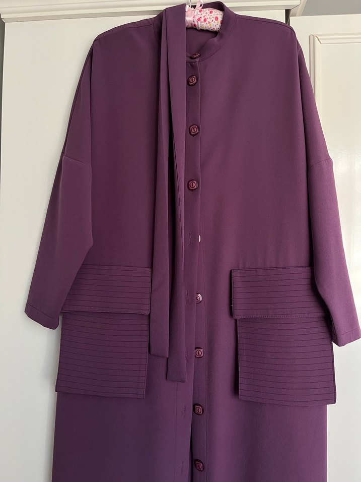 Düğmeli Mor Kadın Uzun Pardesü - Görsel 3