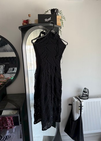 Bershka Dantelli Siyah Uzun Örme Elbise