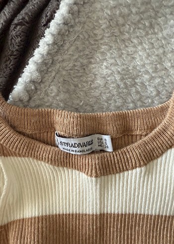 Stradivarius Bej Çizgili Triko Midi Elbise