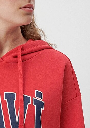 m Beden Mavi Logo Baskılı Kapüşonlu Kırmızı Sweatshirt Oversize/geniş Ke