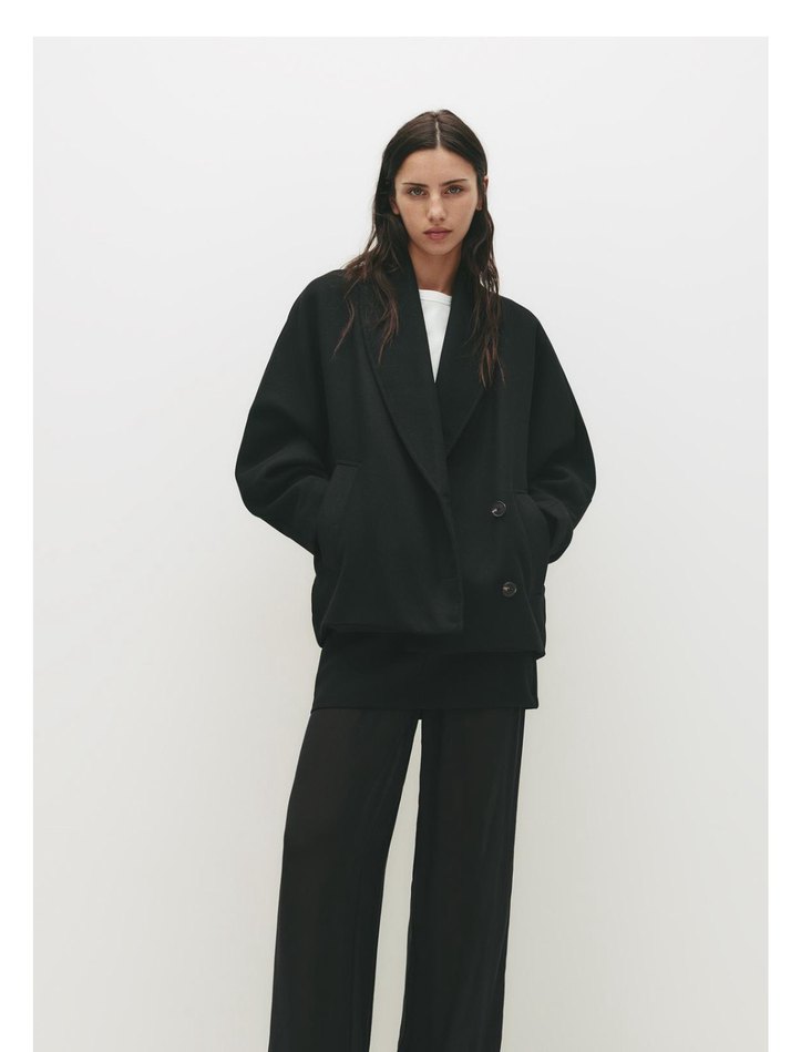 Düğmeli Siyah Yün Kadın Ceket - Görsel 3