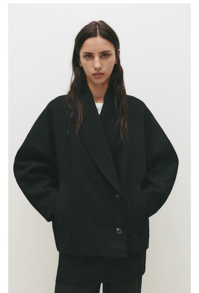 Düğmeli Siyah Yün Kadın Ceket - Görsel 5