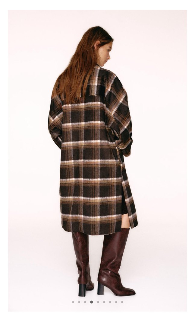 Ekoseli Uzun Kahverengi Kadın Kaban - Görsel 4