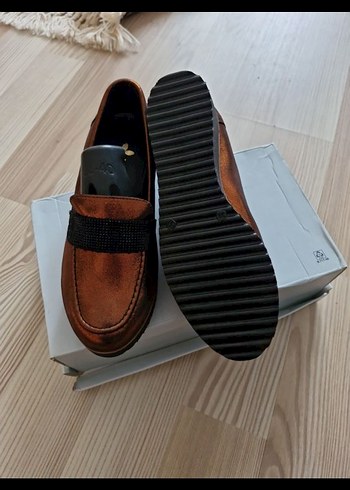 Kahverengi Deri Kadın Loafer Blok Topuklu - Görsel 3