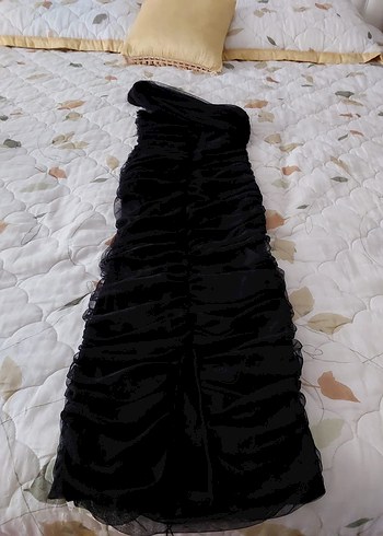 Siyah Drapeli Uzun Straplez Kadın Abiye Elbise - Görsel 2