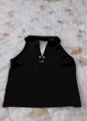 Düğmeli Siyah Kadın Kolsuz crop - Görsel 2