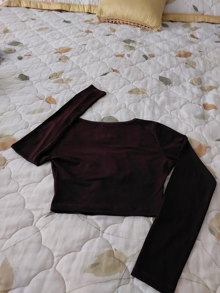 Kahverengi V Yaka Uzun Kollu Bluz - Görsel 2