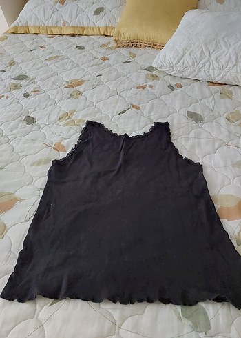 Siyah Keten Volanlı Kolsuz Kadın Atlet - Görsel 2