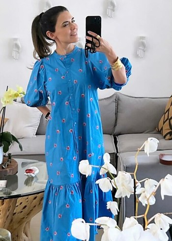 Zara Zara Poplin Mavi Uzun Düğmeli Rahat Elbise