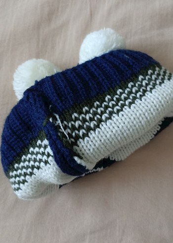 Çocuk Örgü Mavi Nakışlı Bere - Görsel 3