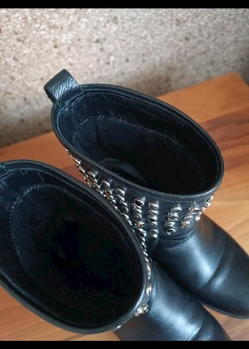 Kadın Siyah Deri Tokalı Biker Botlar - Görsel 4