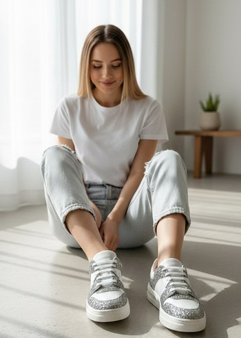 Hakiki Deri Beyaz Simli Kadın Spor Ayakkabı - Görsel 2