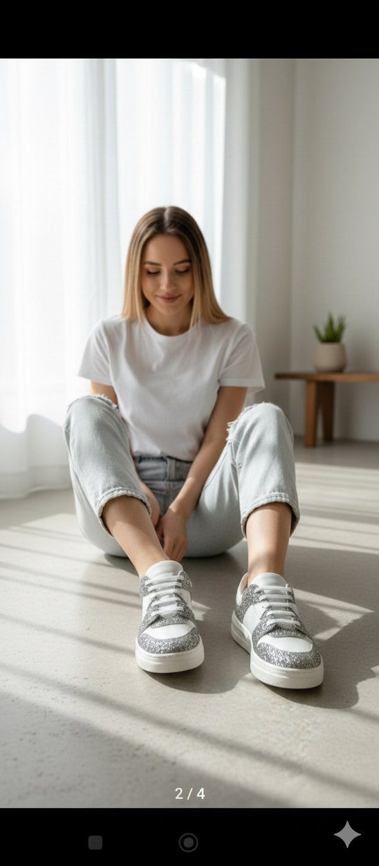 Hakiki Deri Beyaz Simli Kadın Spor Ayakkabı - Görsel 2