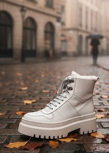 Beyaz Tüylü Platform Topuklu Kadın Bot - Görsel 8