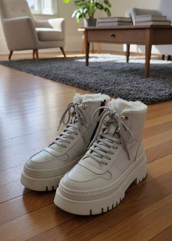 Beyaz Tüylü Platform Topuklu Kadın Bot - Görsel 7