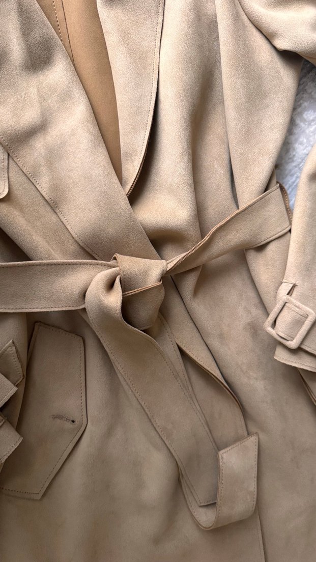 Bej Süet Uzun Kadın Trençkot - Görsel 3