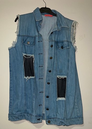 Düğmeli Kolsuz Mavi Denim Ceket