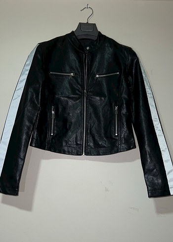 Siyah Deri Biker Ceket Fermuarlı - Görsel 2