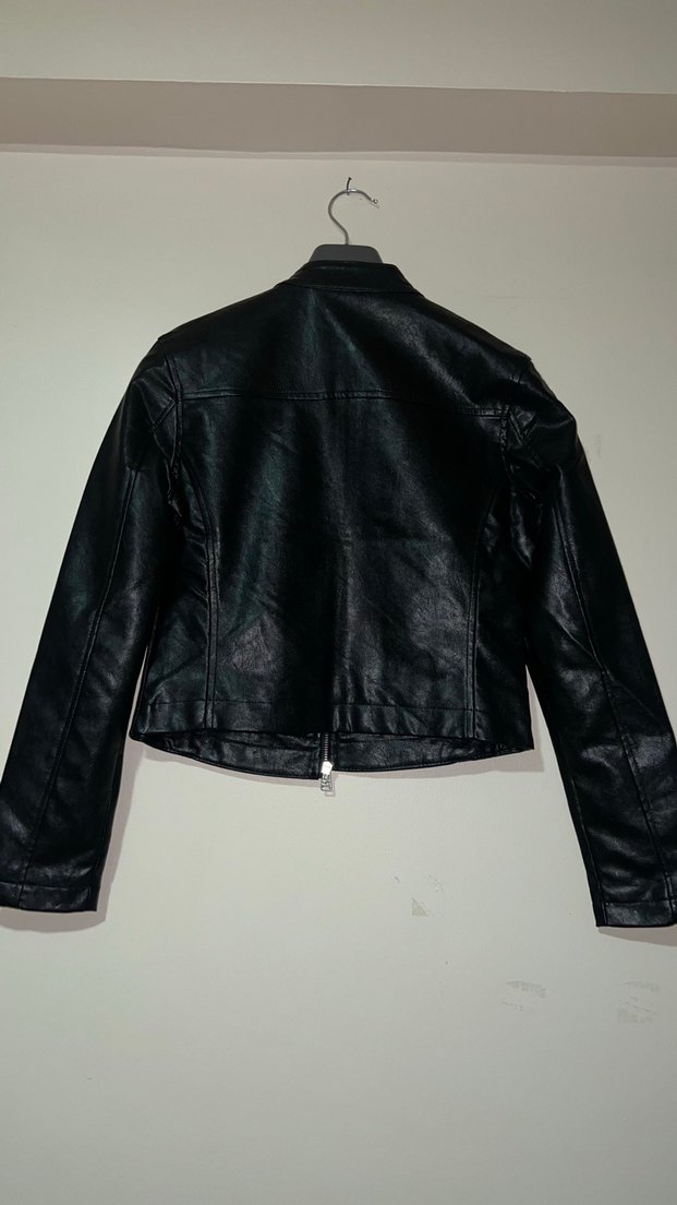 Siyah Deri Biker Ceket Fermuarlı - Görsel 4