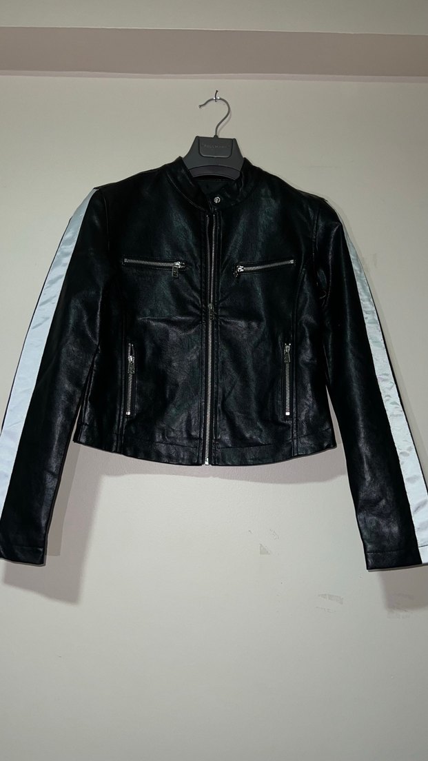 Siyah Deri Biker Ceket Fermuarlı - Görsel 2