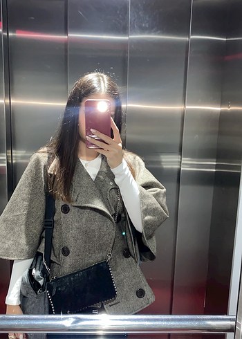 Gri Midi Kadın Ceket, Yüksek Yaka, Rahat Kesim - Görsel 2