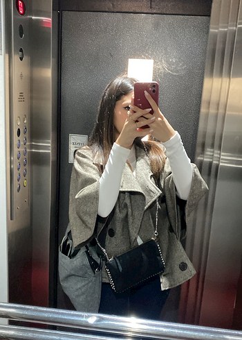 Gri Midi Kadın Ceket, Yüksek Yaka, Rahat Kesim - Görsel 3