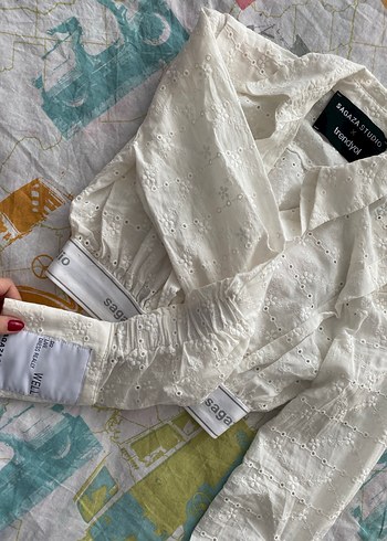 Beyaz Nakışlı Keten Bohem Gömlek sagaza - Görsel 4