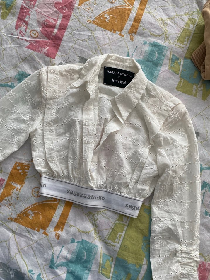 Beyaz Nakışlı Keten Bohem Gömlek sagaza - Görsel 3
