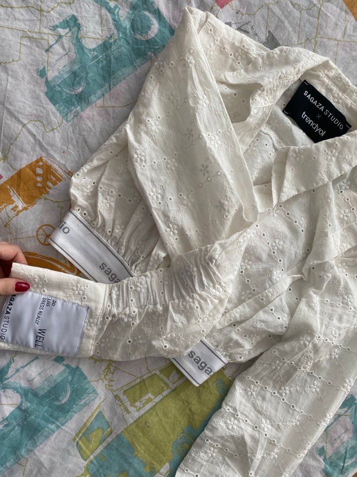 Beyaz Nakışlı Keten Bohem Gömlek sagaza - Görsel 4