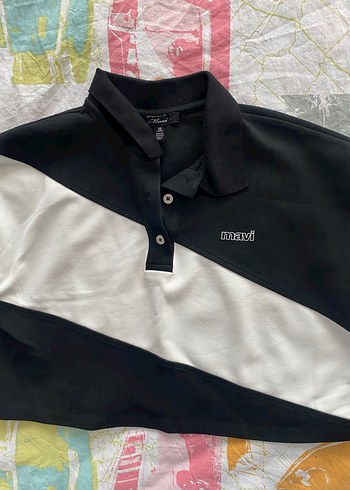 Mavi Düğmeli Siyah Beyaz Pamuklu Sweat - Görsel 4