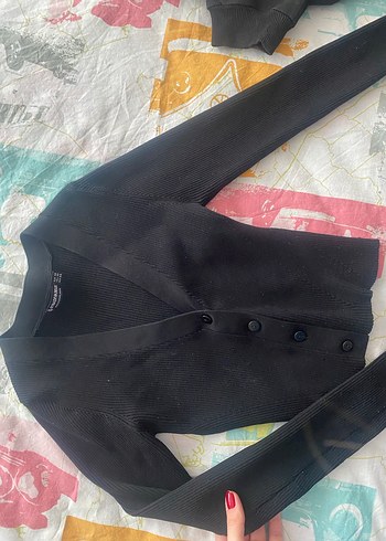 Düğmeli Siyah V Yaka Kadın Hırka Stradivarius - Görsel 2