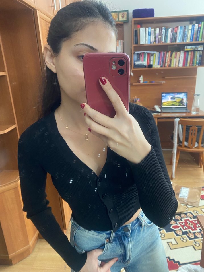 Düğmeli Siyah V Yaka Kadın Hırka Stradivarius - Görsel 5